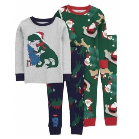 NEW Carter's 4 Piece Cotton Snug Fit Christmas Santa Claus Reindeer Dinosaur Pjs - Picture 1 of 8